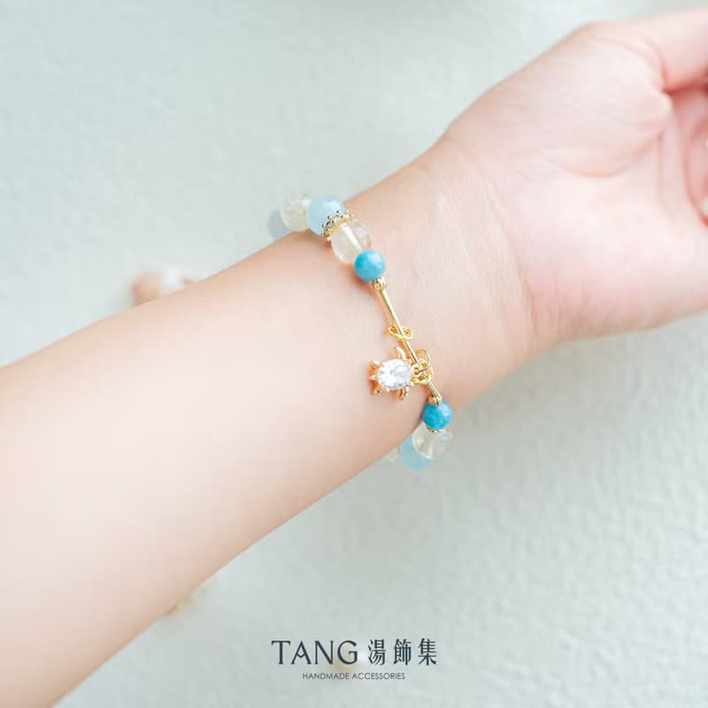 嶼浪之間。海藍寶 金髮晶 藍玉髓 14K金 手鍊。助人際/溝通/招財