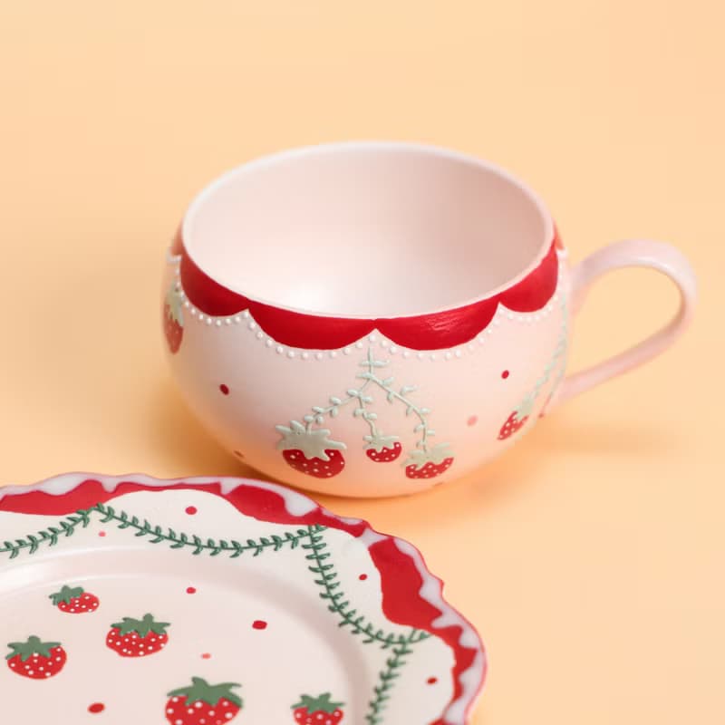Handmade Strawberry Tea Cup and Saucer Set Cute Strawberry Plate Coquette soirée
