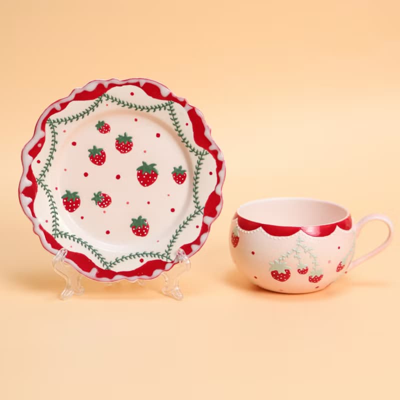 Handmade Strawberry Tea Cup and Saucer Set Cute Strawberry Plate Coquette soirée