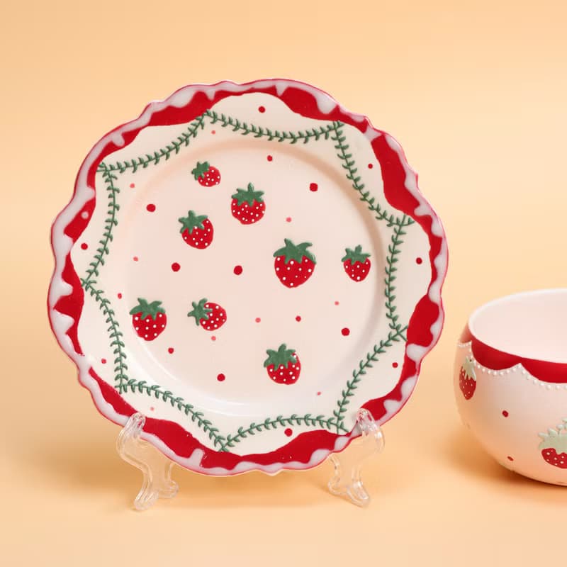 Handmade Strawberry Tea Cup and Saucer Set Cute Strawberry Plate Coquette soirée