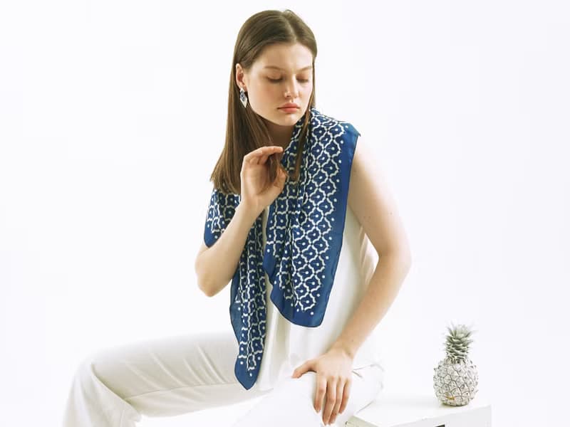 Silk satin scarf - Pineapple On Blue