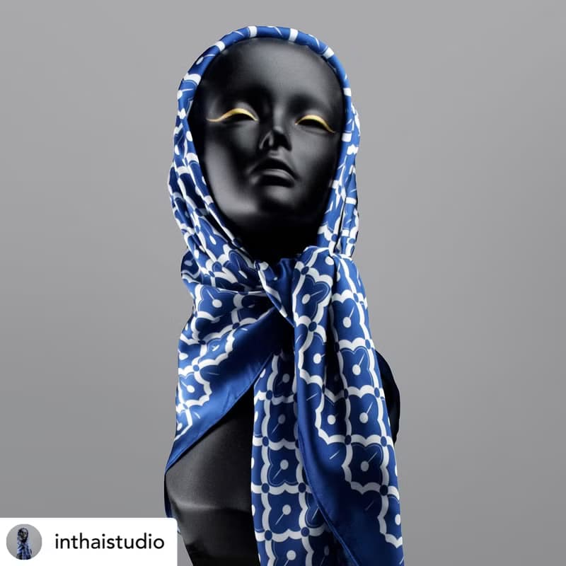 Silk satin scarf - Pineapple On Blue