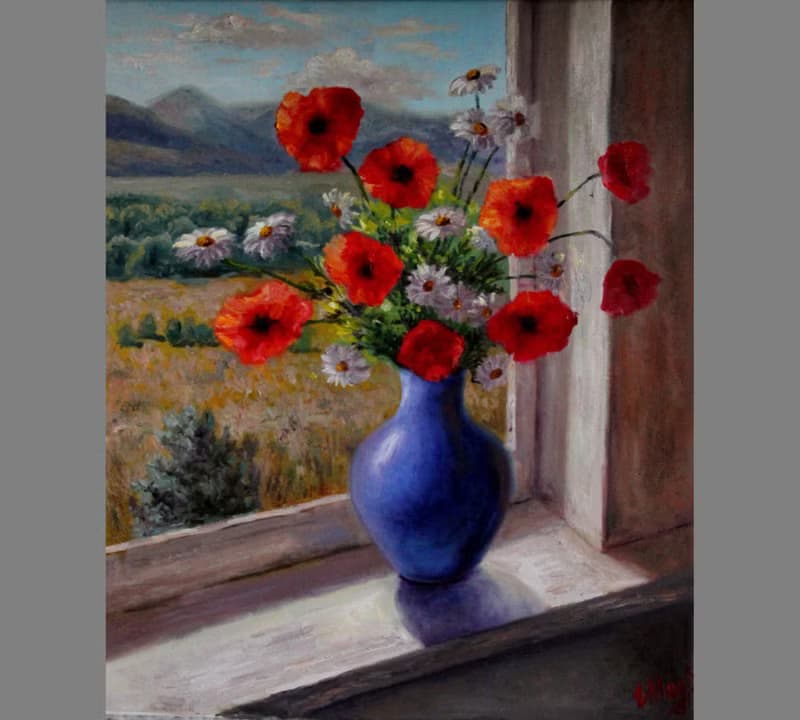 Canvas Painting Flowers Bouquet of poppies and daisy  Original Floral Still life