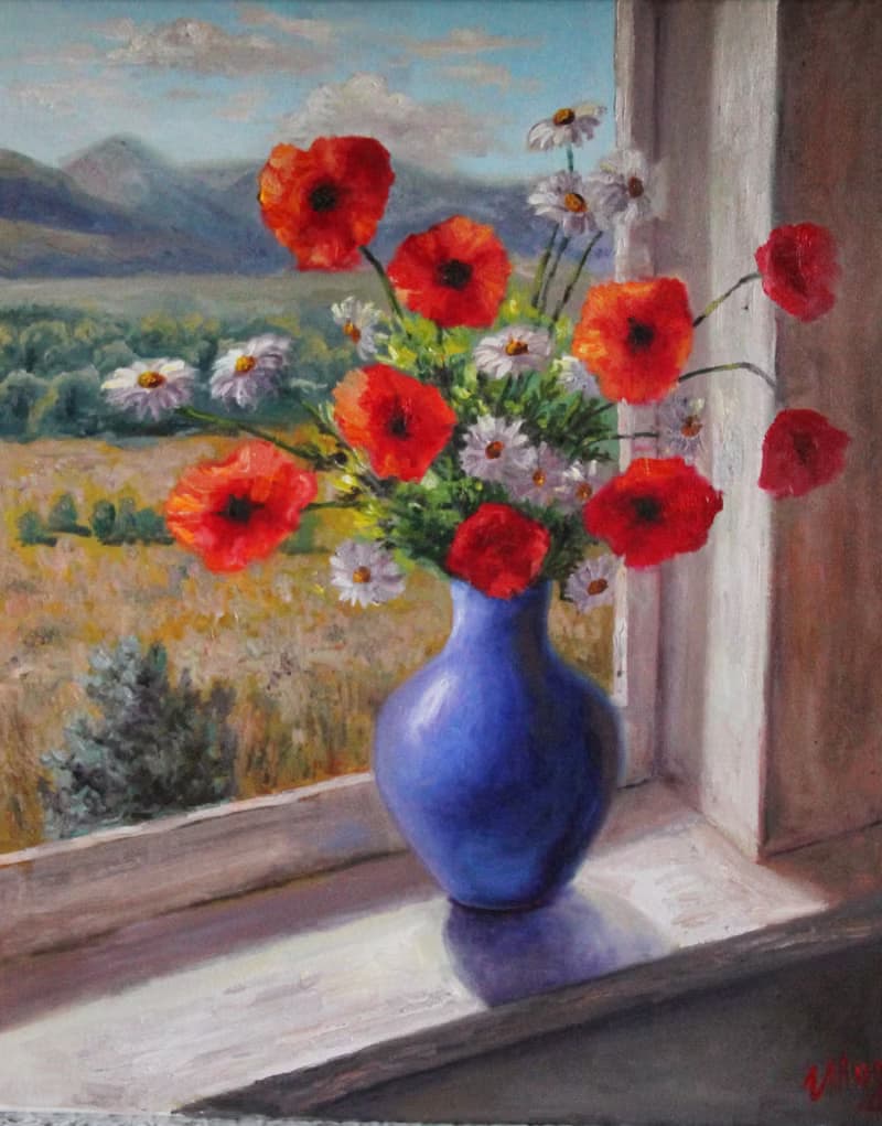 Canvas Painting Flowers Bouquet of poppies and daisy  Original Floral Still life