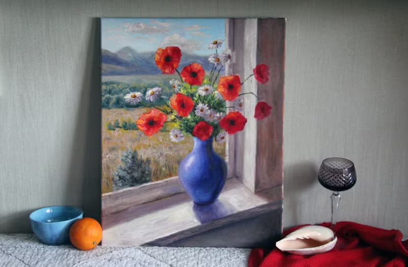 Canvas Painting Flowers Bouquet of poppies and daisy  Original Floral Still life