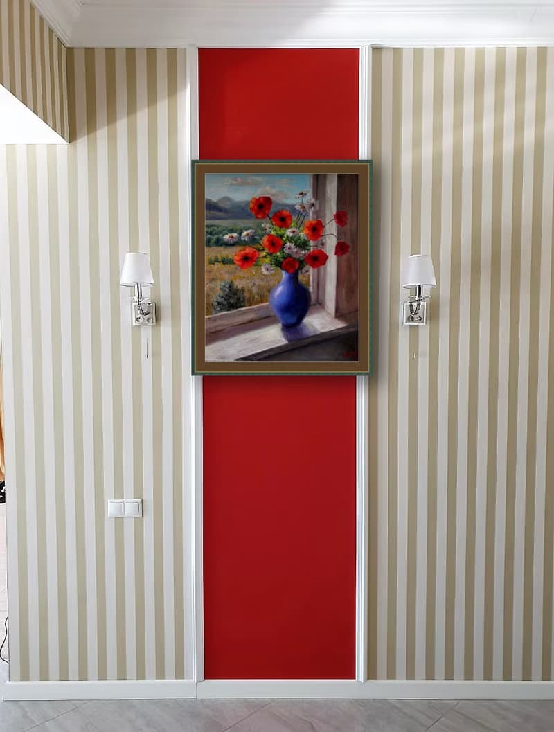 Canvas Painting Flowers Bouquet of poppies and daisy  Original Floral Still life