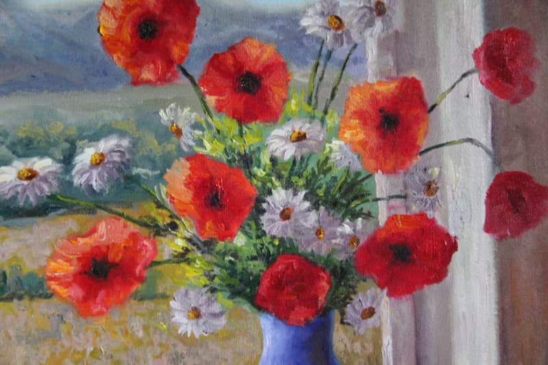 Canvas Painting Flowers Bouquet of poppies and daisy  Original Floral Still life
