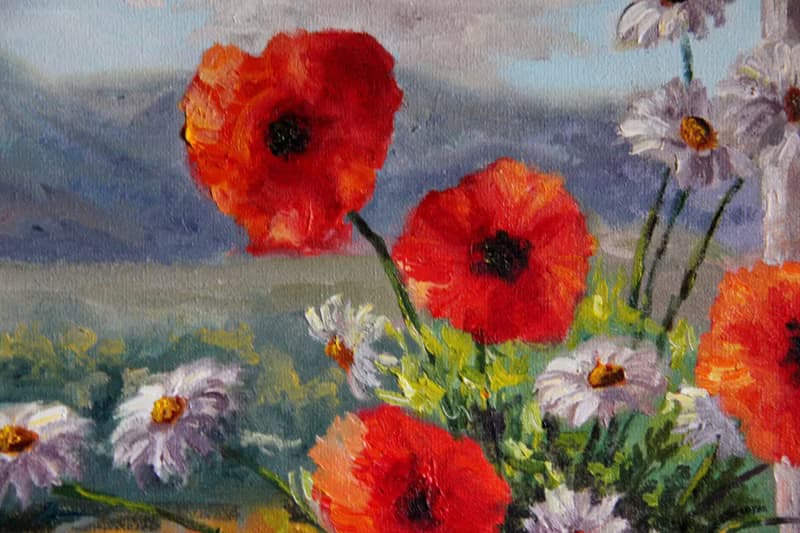 Canvas Painting Flowers Bouquet of poppies and daisy  Original Floral Still life