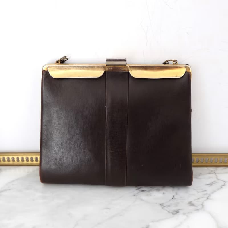 法國復古啡色金屬鍊皮袋