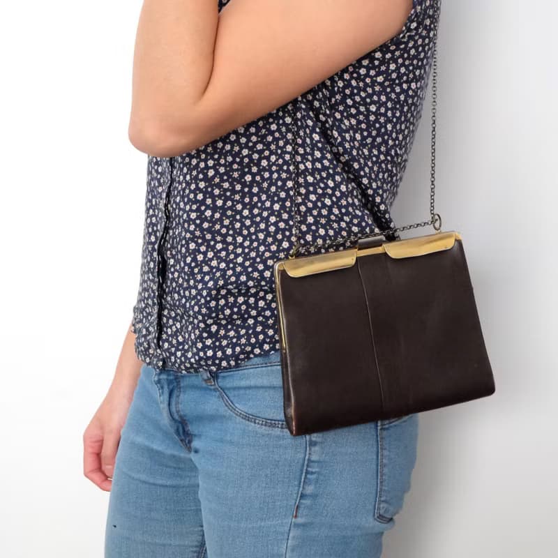 法國復古啡色金屬鍊皮袋