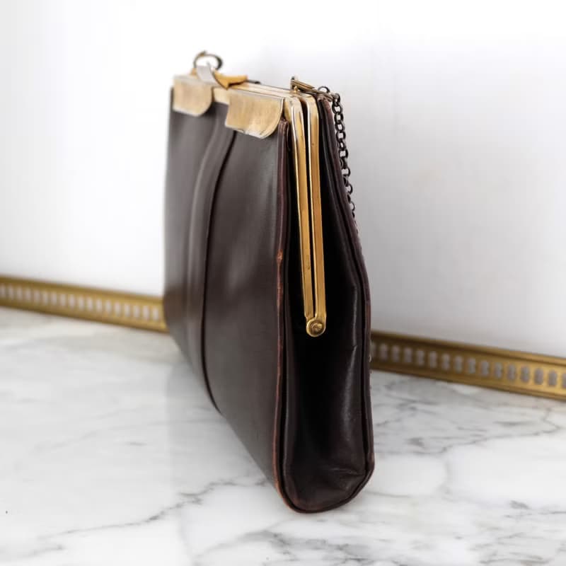 法國復古啡色金屬鍊皮袋