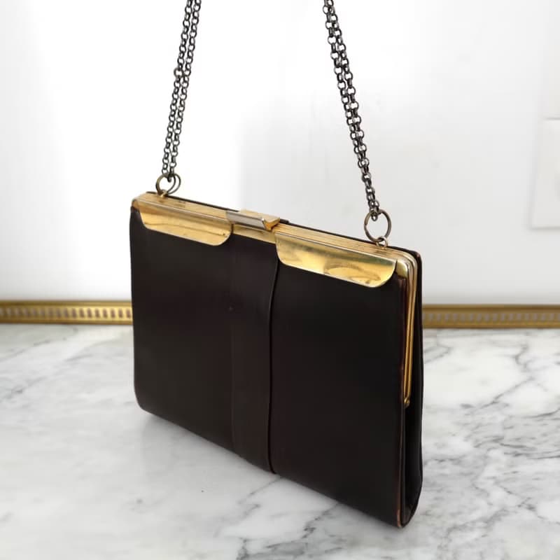 法國復古啡色金屬鍊皮袋