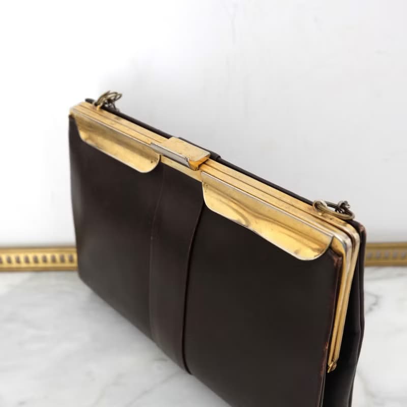 法國復古啡色金屬鍊皮袋