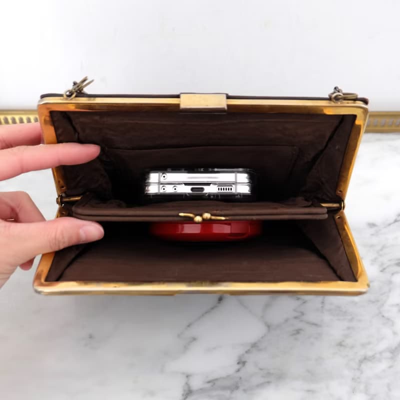 法國復古啡色金屬鍊皮袋