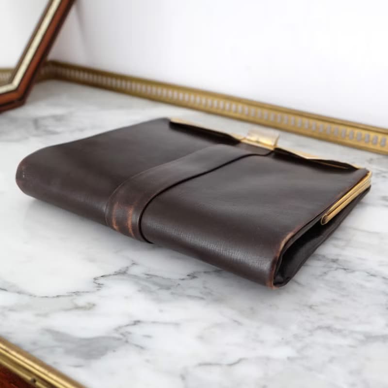 法國復古啡色金屬鍊皮袋