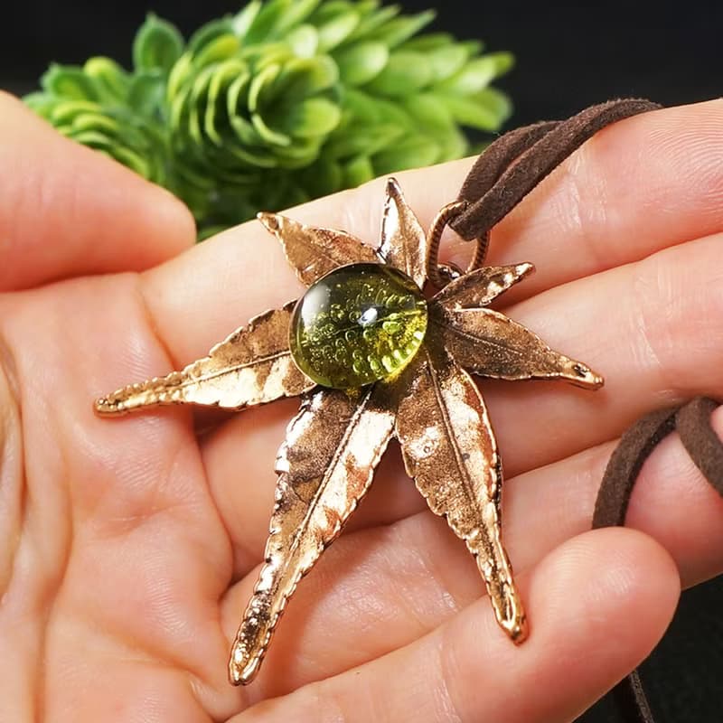 Copper Maple Leaf Necklace Olive Green Glass Forest Pendant Necklace Jewelry