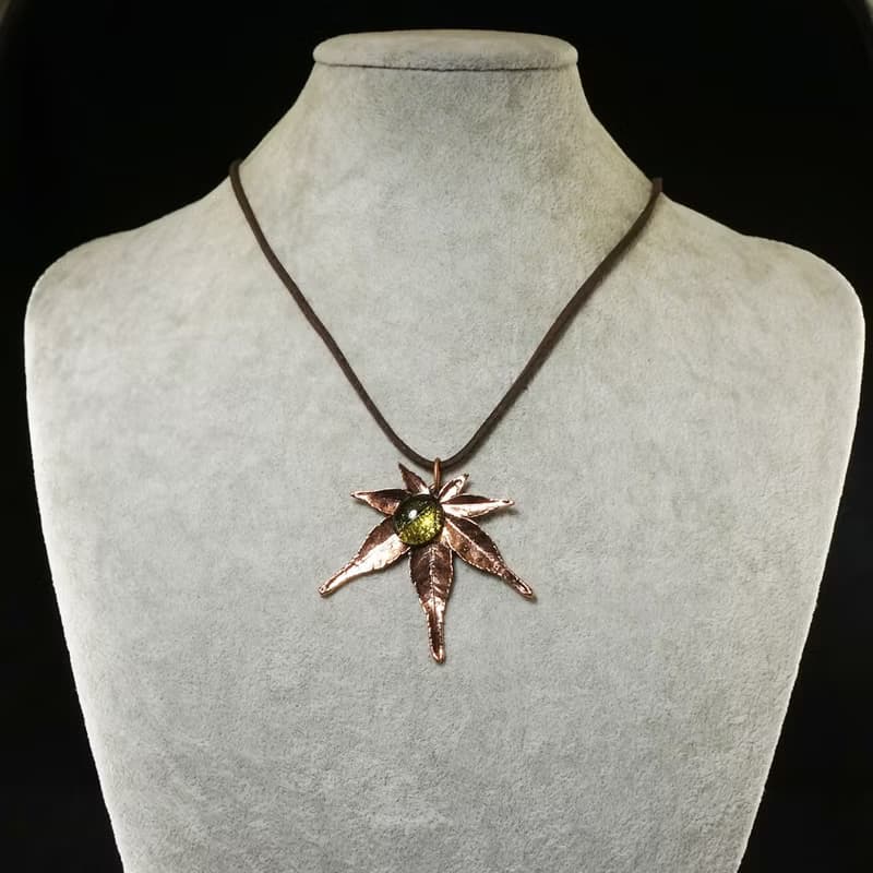 Copper Maple Leaf Necklace Olive Green Glass Forest Pendant Necklace Jewelry
