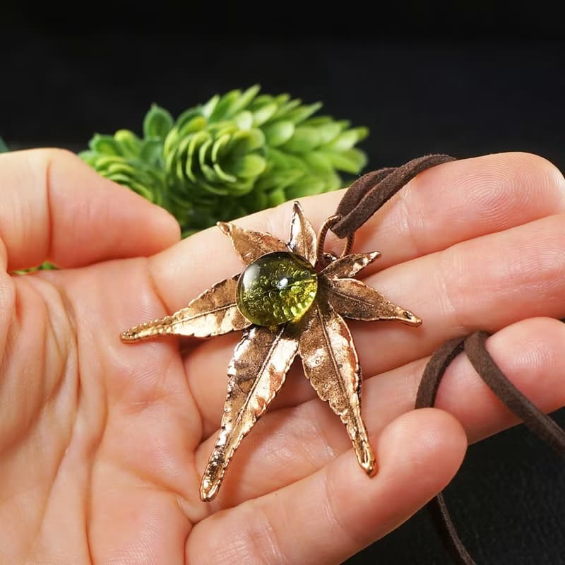 Copper Maple Leaf Necklace Olive Green Glass Forest Pendant Necklace Jewelry