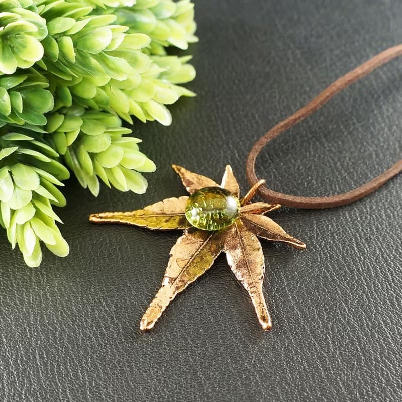 Copper Maple Leaf Necklace Olive Green Glass Forest Pendant Necklace Jewelry