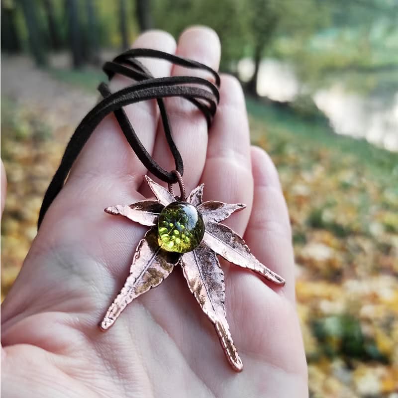 Copper Maple Leaf Necklace Olive Green Glass Forest Pendant Necklace Jewelry