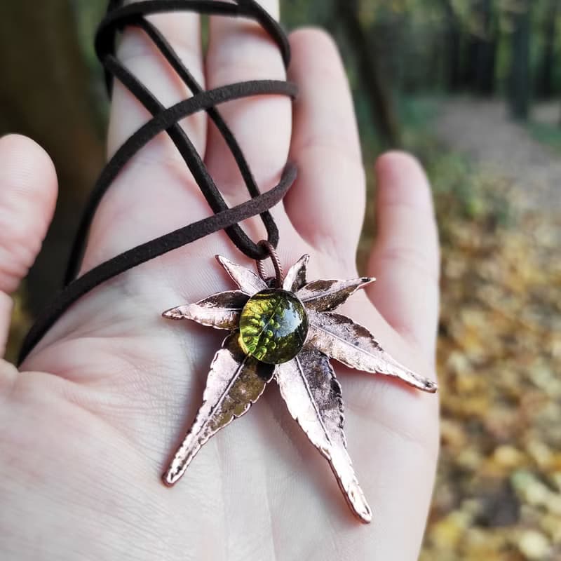 Copper Maple Leaf Necklace Olive Green Glass Forest Pendant Necklace Jewelry