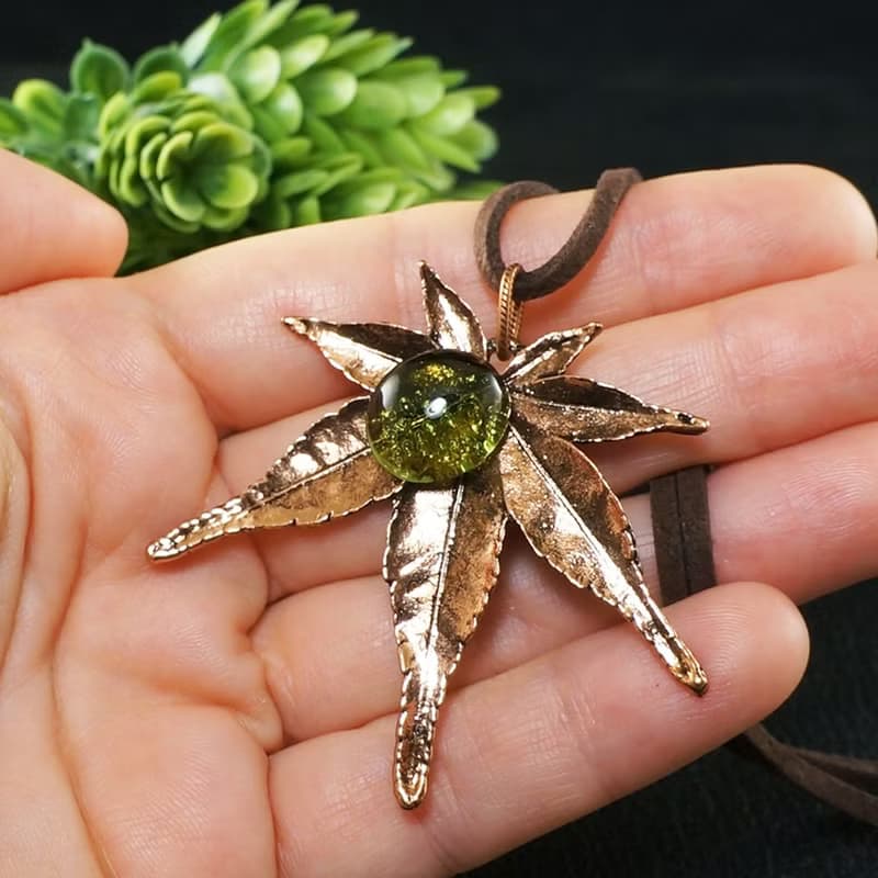 Copper Maple Leaf Necklace Olive Green Glass Forest Pendant Necklace Jewelry