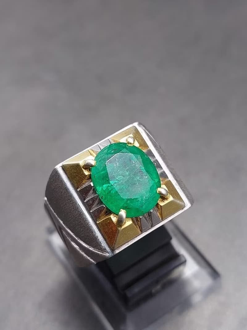 Natural Vivid Green Emerald Mens Ring Sterling Silver 925 Handmade Estate Emeral