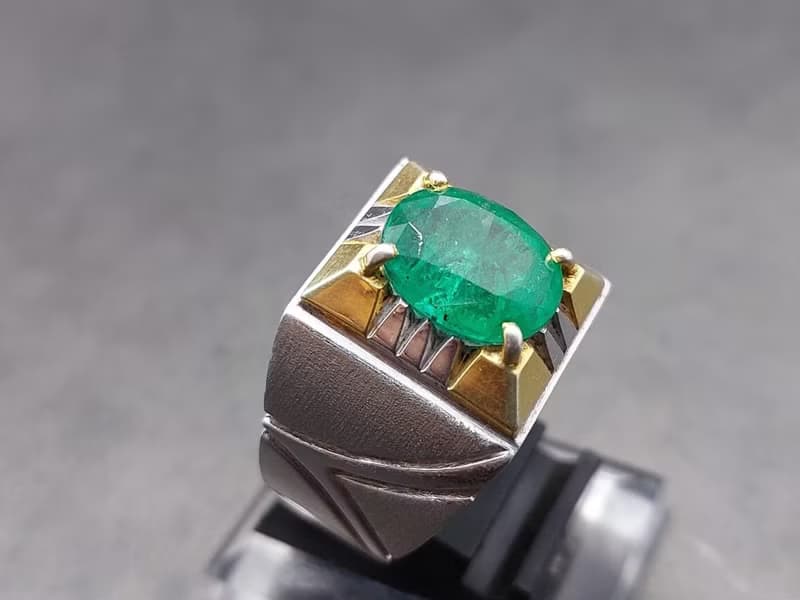 Natural Vivid Green Emerald Mens Ring Sterling Silver 925 Handmade Estate Emeral
