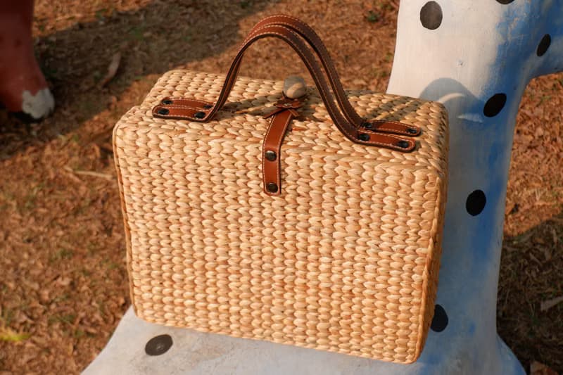 vintage luggage woven bag basket with leather handle travel bag