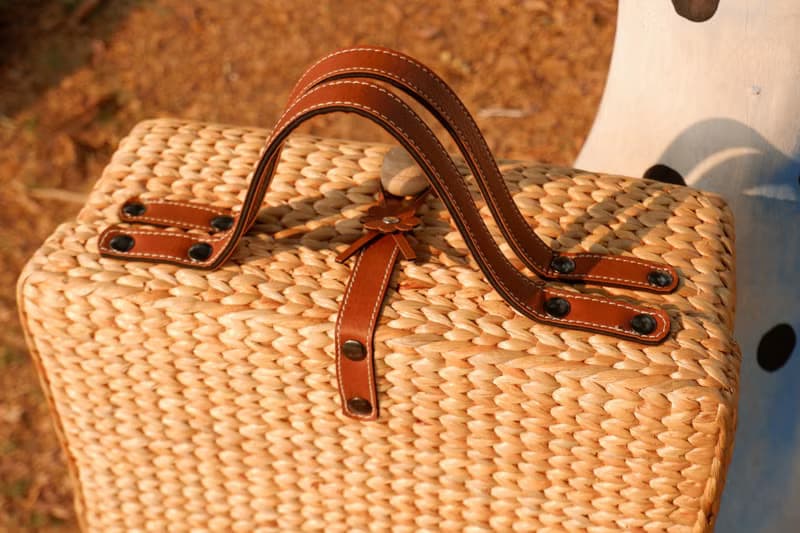 vintage luggage woven bag basket with leather handle travel bag
