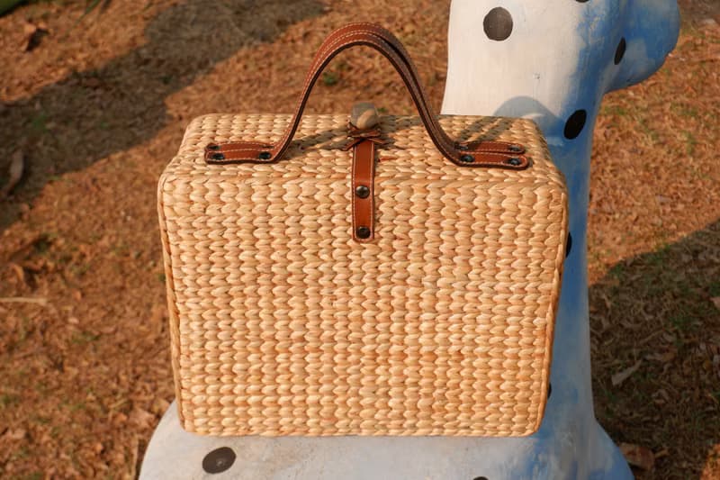 vintage luggage woven bag basket with leather handle travel bag