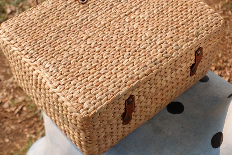 vintage luggage woven bag basket with leather handle travel bag