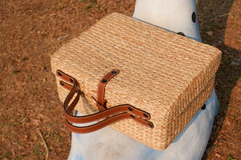 vintage luggage woven bag basket with leather handle travel bag