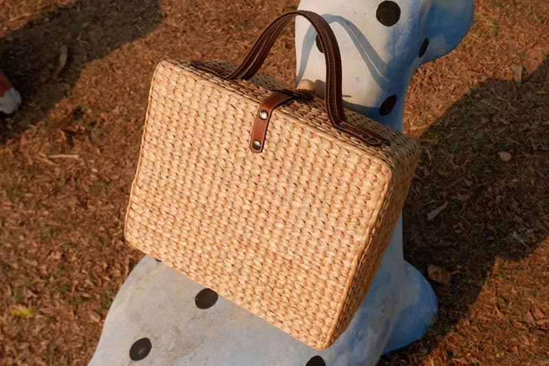 vintage luggage woven bag basket with leather handle travel bag