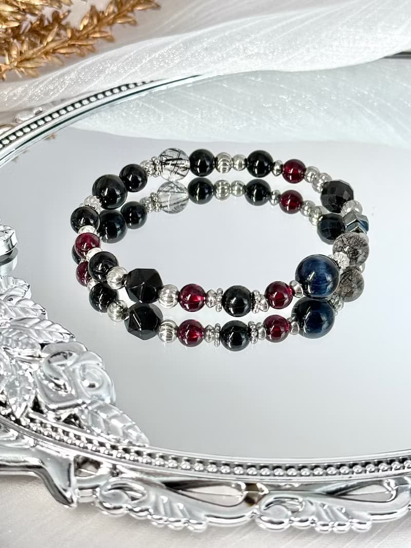女王律令水晶手鍊 - 醫療鋼/鷹眼石/黑髮晶/黑碧璽/紅石榴石