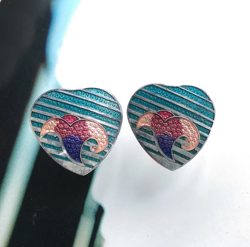 【西洋古董飾品 】景泰藍 湖水藍 愛心條紋 百合花卉 針式耳環
