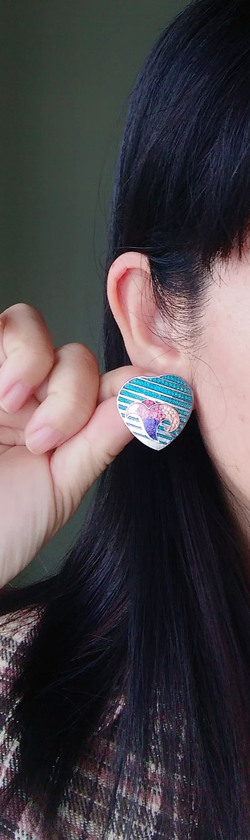 【西洋古董飾品 】景泰藍 湖水藍 愛心條紋 百合花卉 針式耳環