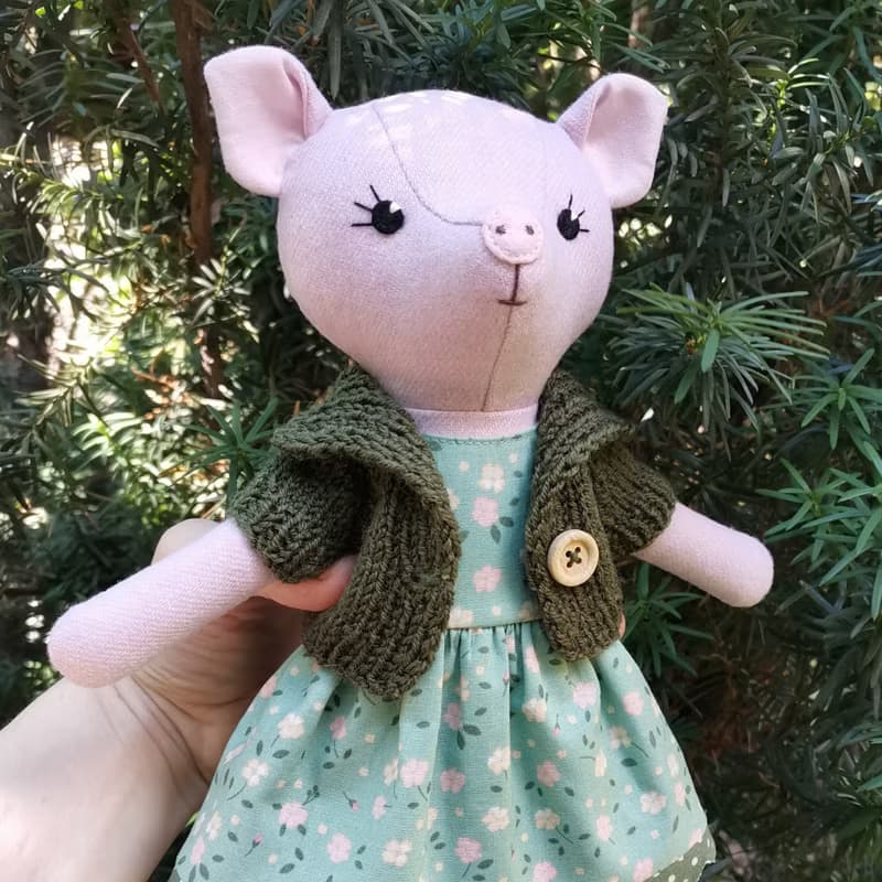 Pink pig girl, handmade plush toy, wool stuffed piggy doll