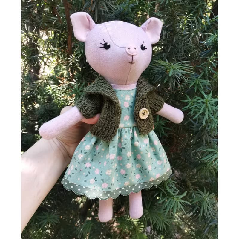 Pink pig girl, handmade plush toy, wool stuffed piggy doll