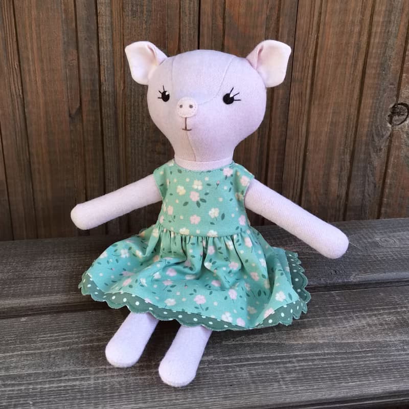 Pink pig girl, handmade plush toy, wool stuffed piggy doll
