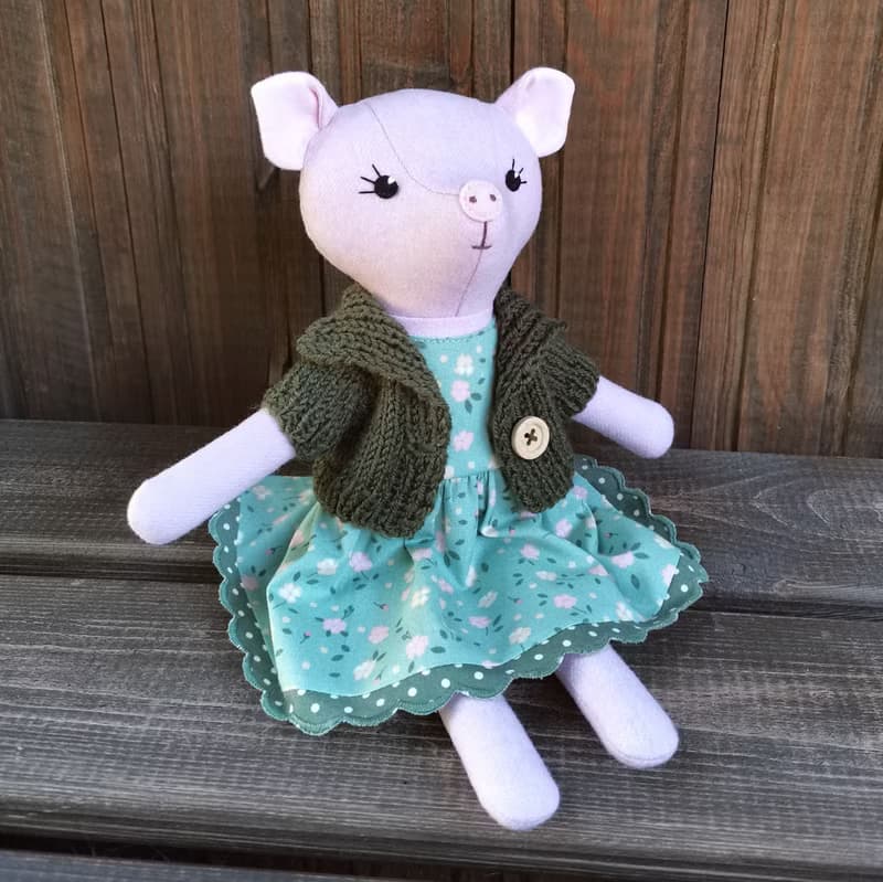 Pink pig girl, handmade plush toy, wool stuffed piggy doll