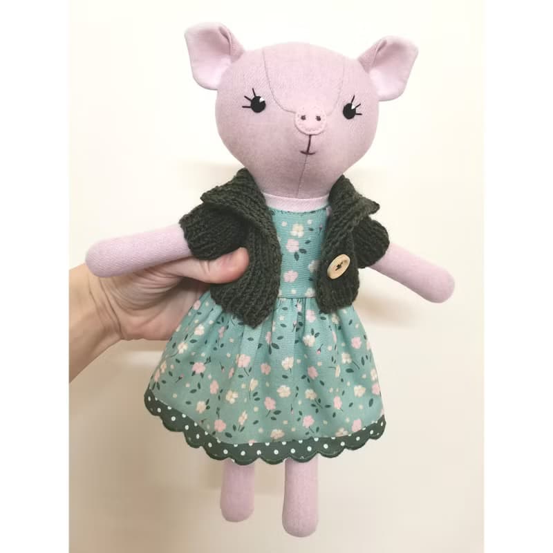 Pink pig girl, handmade plush toy, wool stuffed piggy doll
