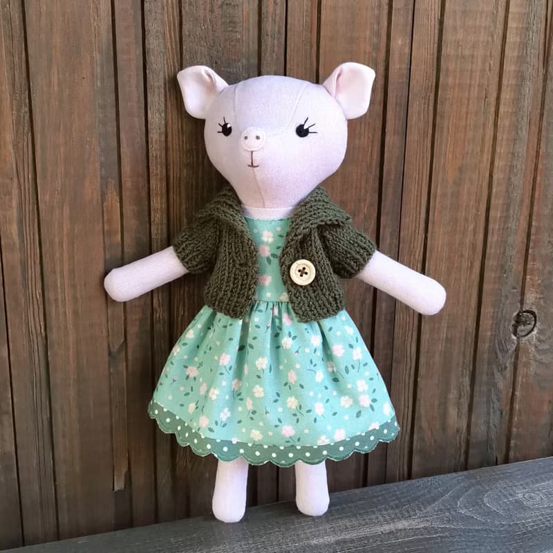 Pink pig girl, handmade plush toy, wool stuffed piggy doll