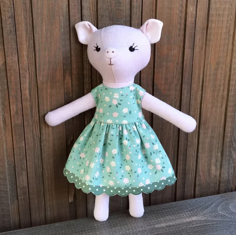 Pink pig girl, handmade plush toy, wool stuffed piggy doll