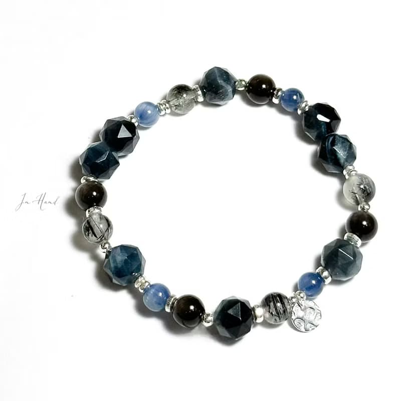 雷陣雨-藍虎眼.黑髮晶.藍晶石-純銀設計款手鍊