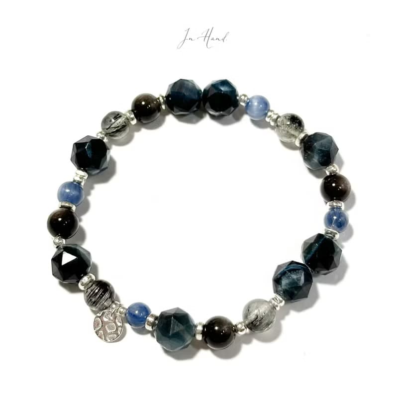 雷陣雨-藍虎眼.黑髮晶.藍晶石-純銀設計款手鍊