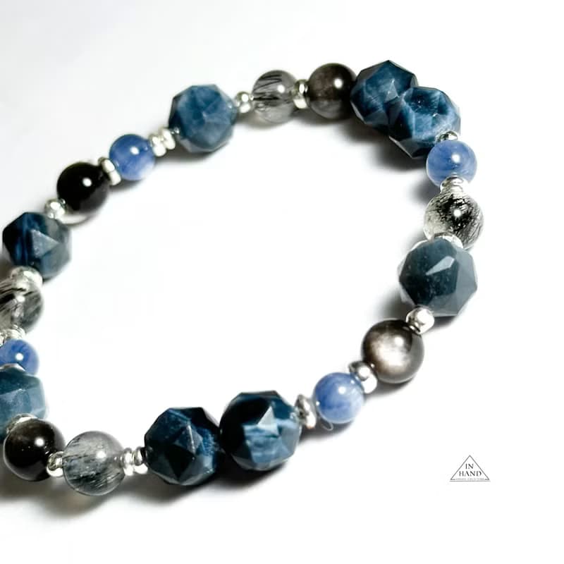 雷陣雨-藍虎眼.黑髮晶.藍晶石-純銀設計款手鍊
