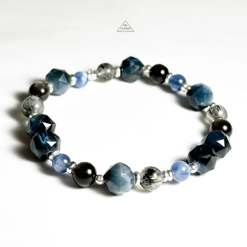 雷陣雨-藍虎眼.黑髮晶.藍晶石-純銀設計款手鍊