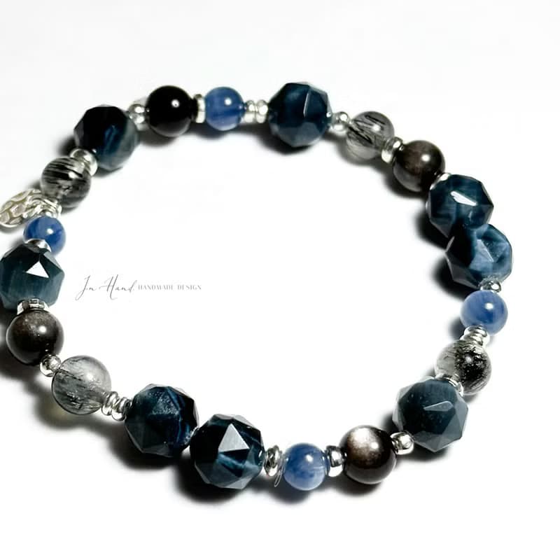 雷陣雨-藍虎眼.黑髮晶.藍晶石-純銀設計款手鍊