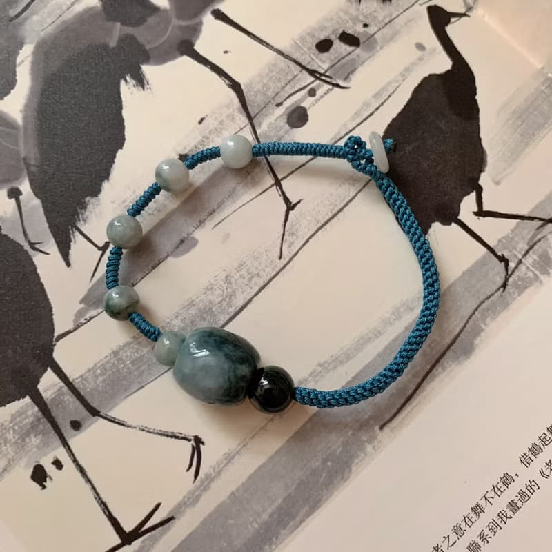 船波漾漾。天然緬甸翡翠復古編織手鏈 墨翠平安文藝禮物古典手繩